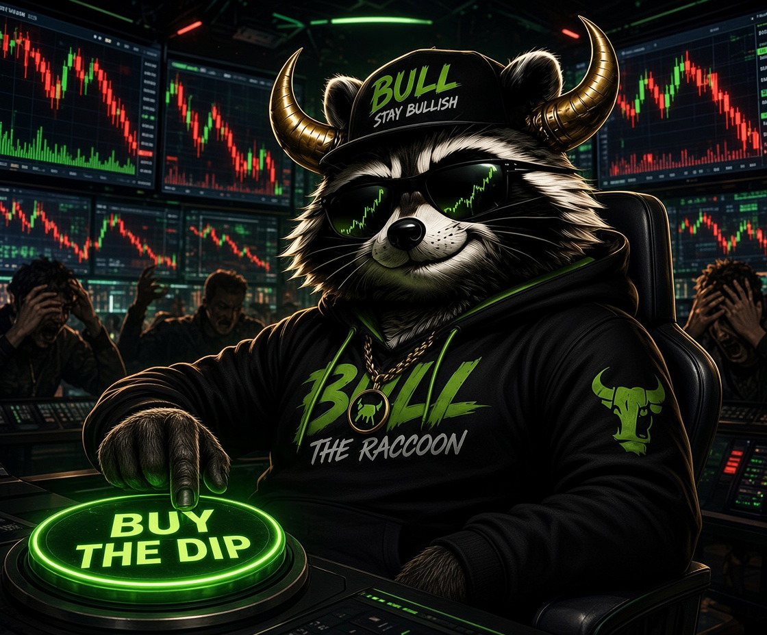 Bullcoon pressing a giant BUY THE DIP button