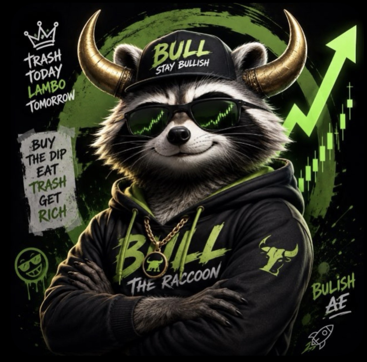 Bullcoon graffiti poster — buy the dip, eat trash, get rich