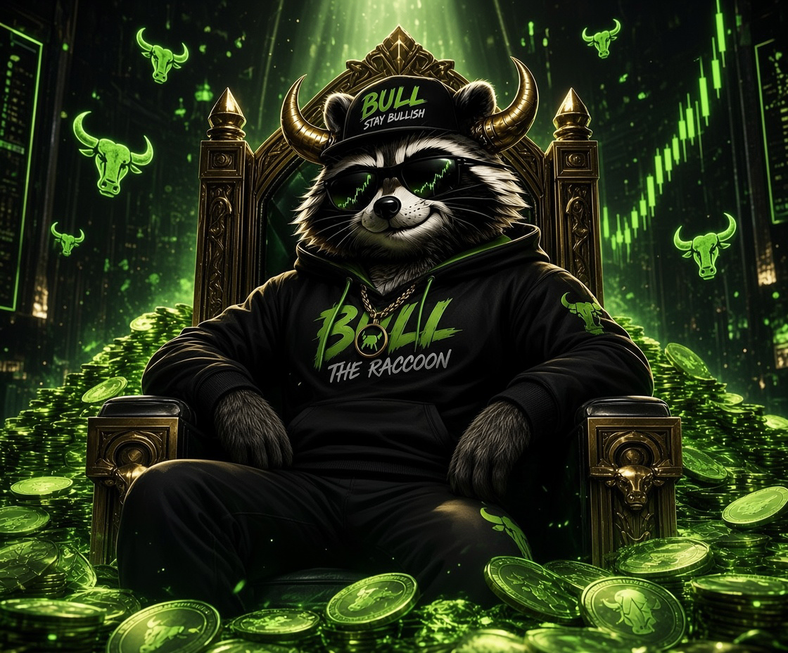Bullcoon sitting on a throne of gold and green coins