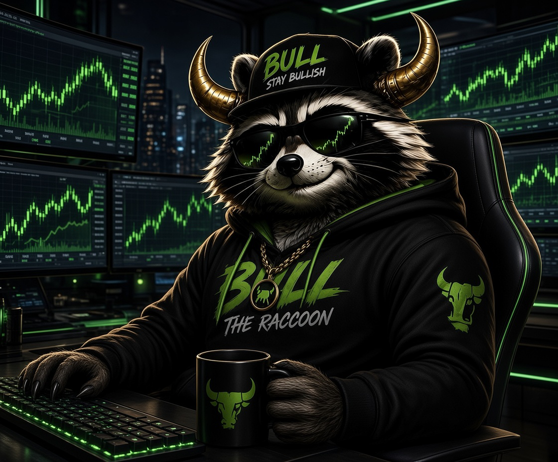Bullcoon at a trading desk full of green charts